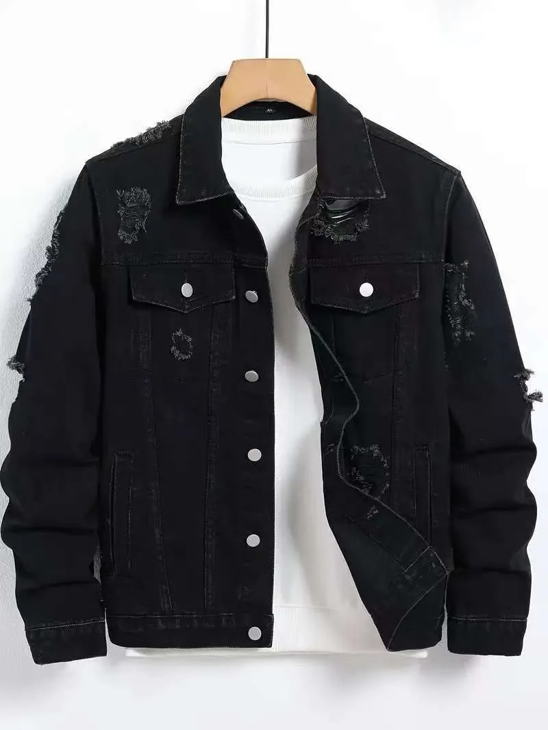 Men's Distressed Black Denim Jacket Streetwear Loose Cargo Work Utility Coat Solid Cotton Blend Single Breasted Outerwear Top