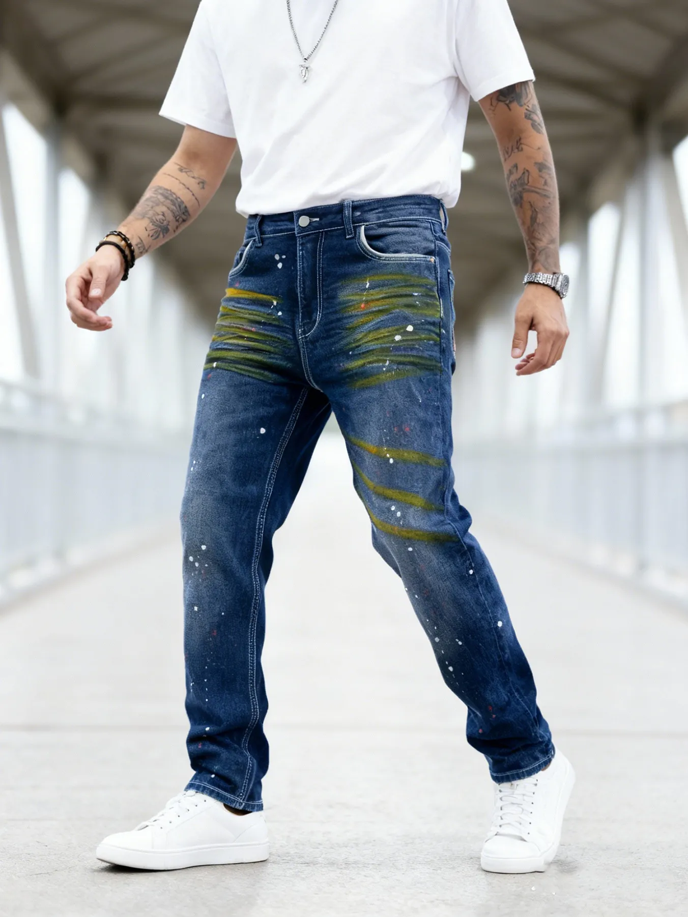Men Streetwear Distressed Paint Splatter Straight Leg Jeans Fashion Faded Whiskered Dark Blue Denim Pants Casual Hip Hop Trousers