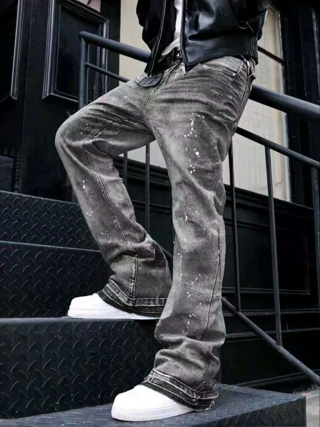 Men's American Vintage Washed Distressed Grey Jeans Loose Curved Leg Bow Leg Ink Splash Streetwear Denim Wide Leg Pants