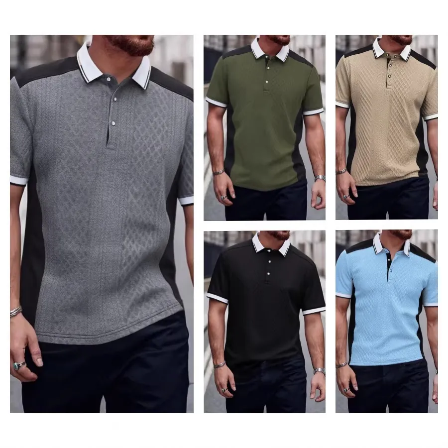 Polo Homme Décontracté en Polyester Jacquard Mode Patchwork Bloc de Couleur Contrasté Manches Courtes Haut à Revers Été Streetwear