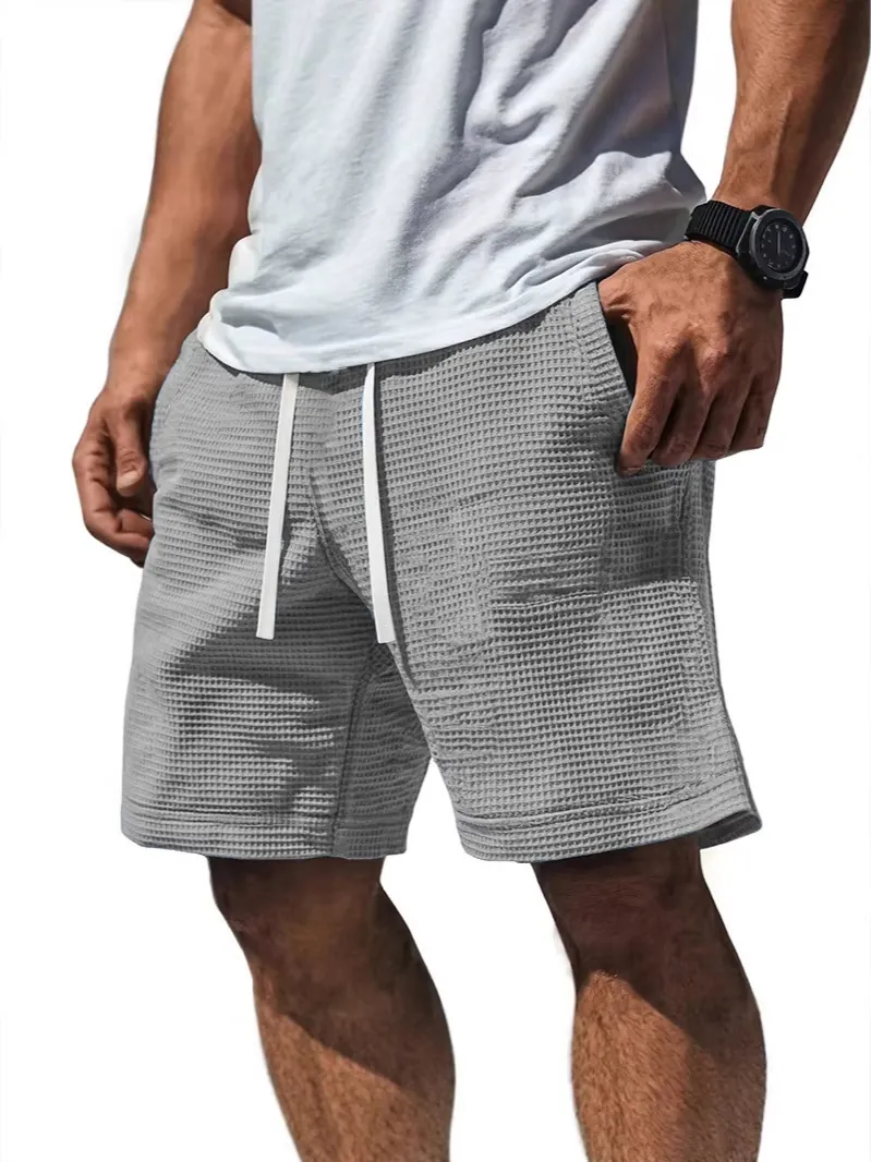 Pantalones Cortos Casuales de Tejido de Gofre para Hombre Poliéster Transpirable Cintura con Cordón Playa Deporte Recto