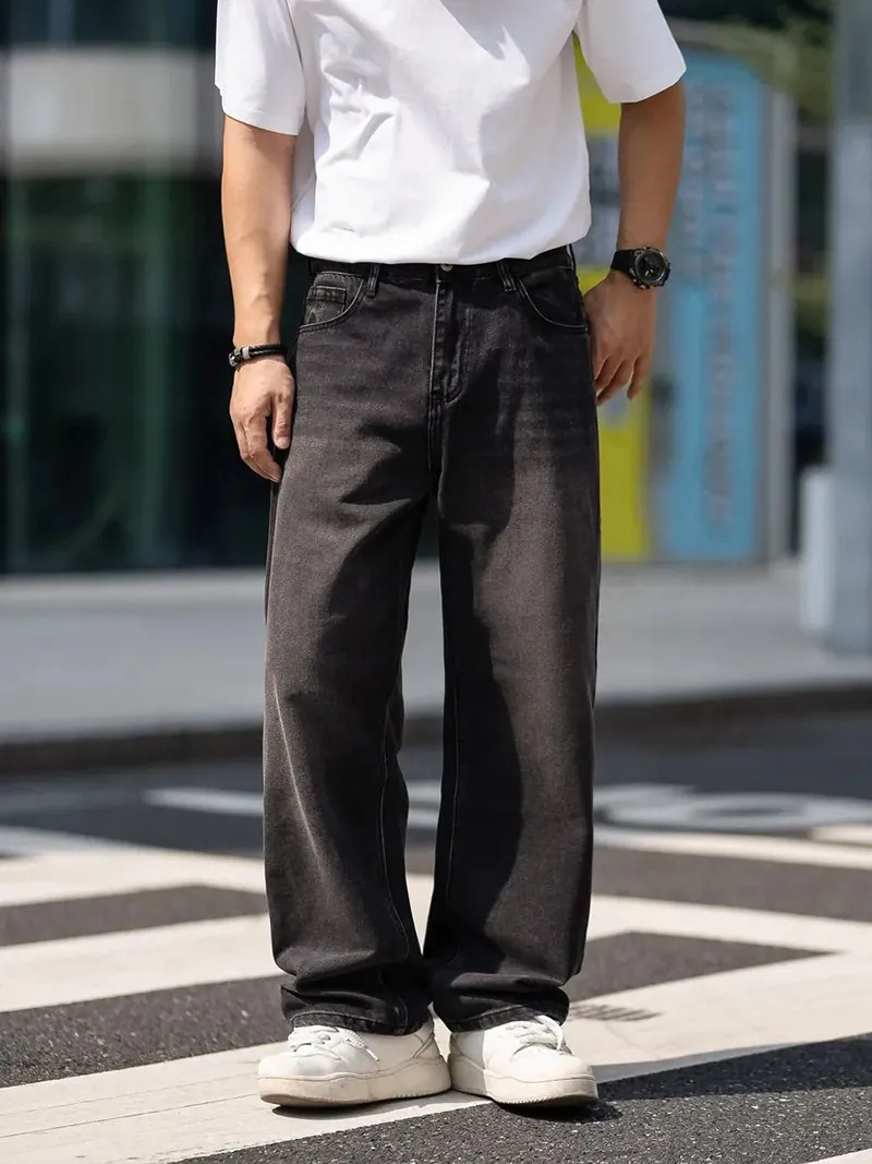 Men's American Retro Jeans Loose Straight Fit Washed Denim Pants Casual Cotton Full Length Trousers Streetwear For Men