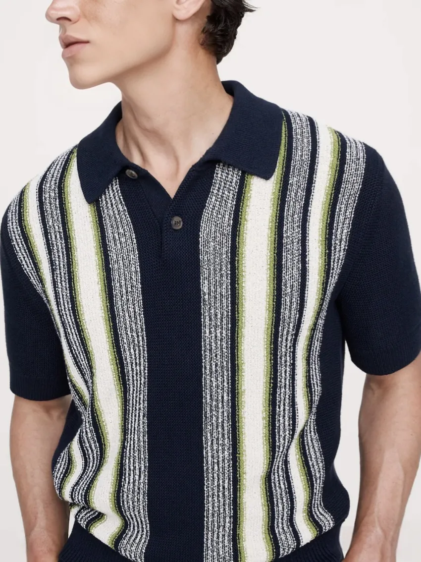 Polo de Punto a Rayas Casual para Hombre Manga Corta Bloque de Color Cuello Vuelto Corte Ajustado Moda de Verano Top Transpirable