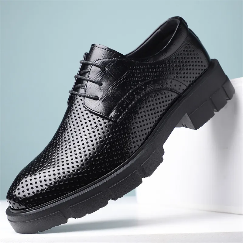 Chaussures en Cuir Formelles d'Affaires pour Hommes à Semelle Épaisse Perforées Respirantes Derby Grandissant pour Mariage Bureau
