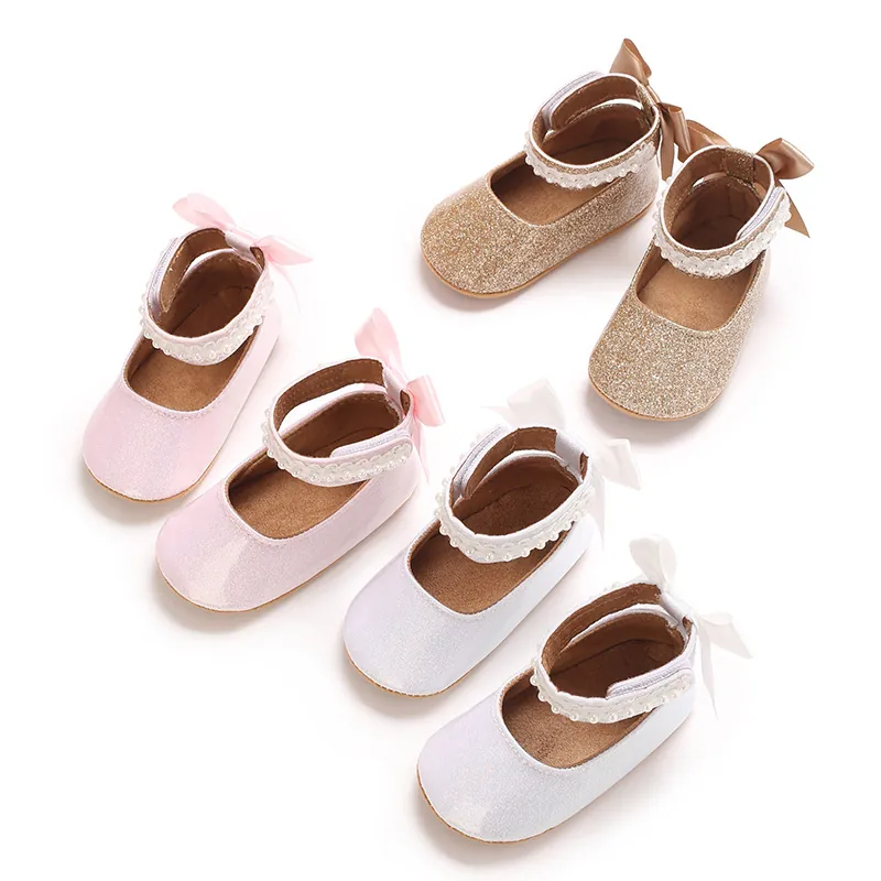Zapatos de Princesa para Bebé Niña Con Lazo y Decoración de Perlas Artificiales Cuero de PU Primeros Pasos Suela Blanda Fiesta