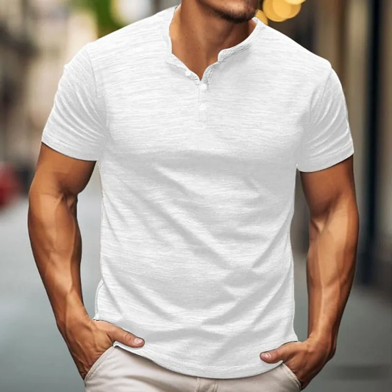 Camiseta Henley Casual Retro para Hombre Manga Corta Ajuste Entallado Textura Slub Poliéster Color Sólido Top de Moda Verano