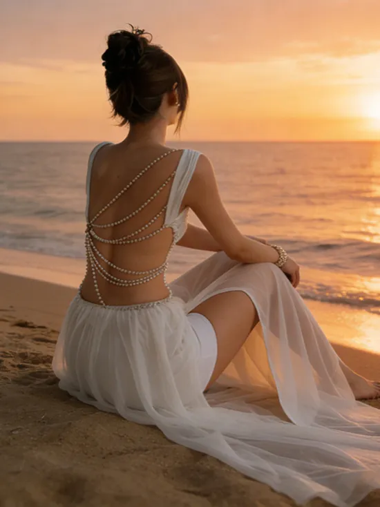 Women Sexy White Mesh See-Through Backless Vest And Long Skirt Set With Artificial Pearl Chain Patchwork Party Club Outfit