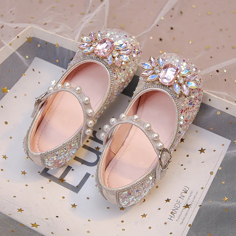 Chaussures de Princesse Mary Jane pour Enfants Filles Paillettes Étincelantes Fleur en Strass Sangle à Perles Artificielles Semelle Souple pour Mariage Fête