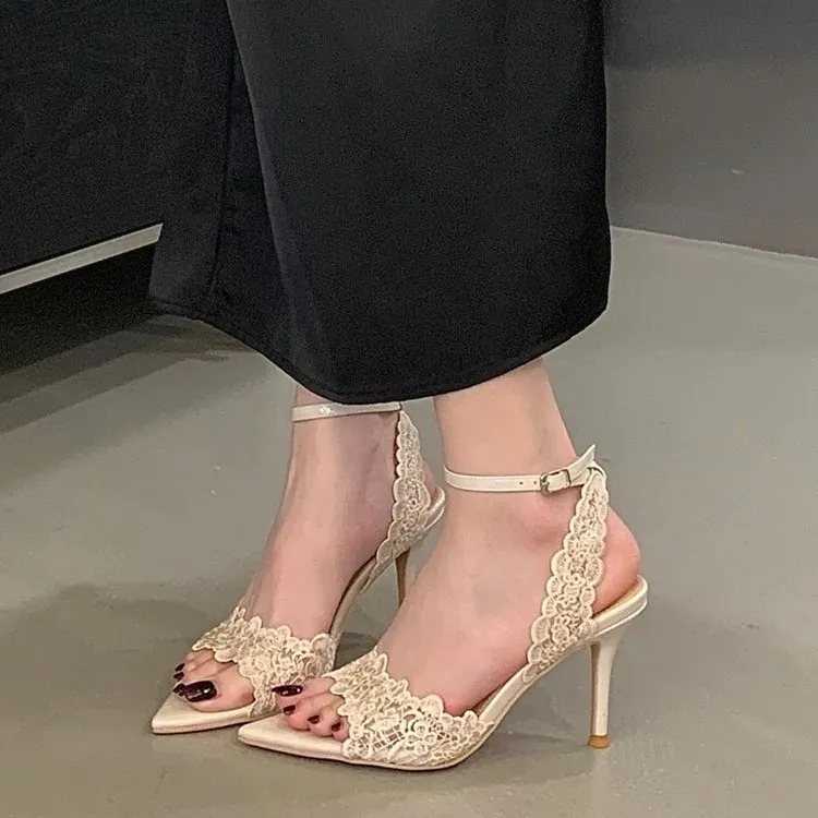 Women Sexy Pointed Toe Lace Embroidery High Heeled Sandals Summer Mesh Patchwork Ankle Strap Stiletto Heels Party Wedding Shoes