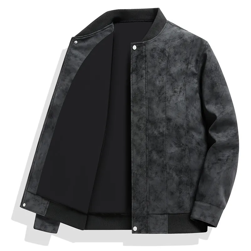 Men Retro PU Leather Jacket Baseball Collar Fashion Casual Loose Fit Spring Autumn Zipper Ribbed Outerwear Top