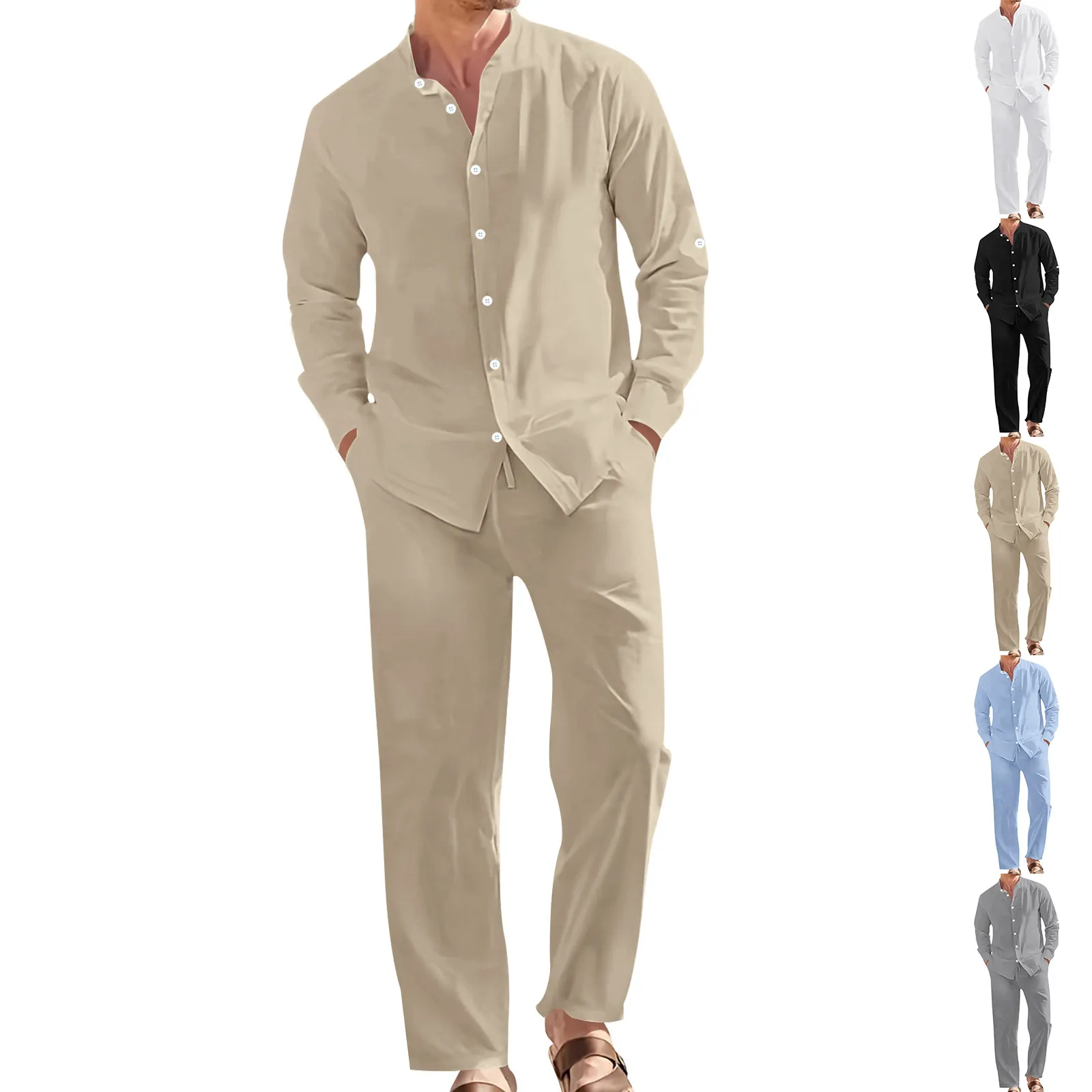 Men's Casual Linen Blend Shirt And Pants Set Stand Collar Top And Loose Long Bottoms Breathable Vacation Outfit For Men