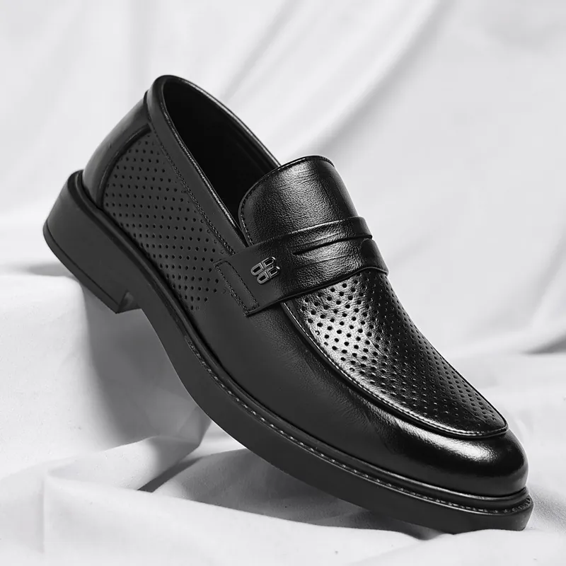 Mocassins en Cuir Recyclé pour Hommes Ajourés Respirants Business Décontracté Sans Lacets Style Britannique Chaussures Formelles