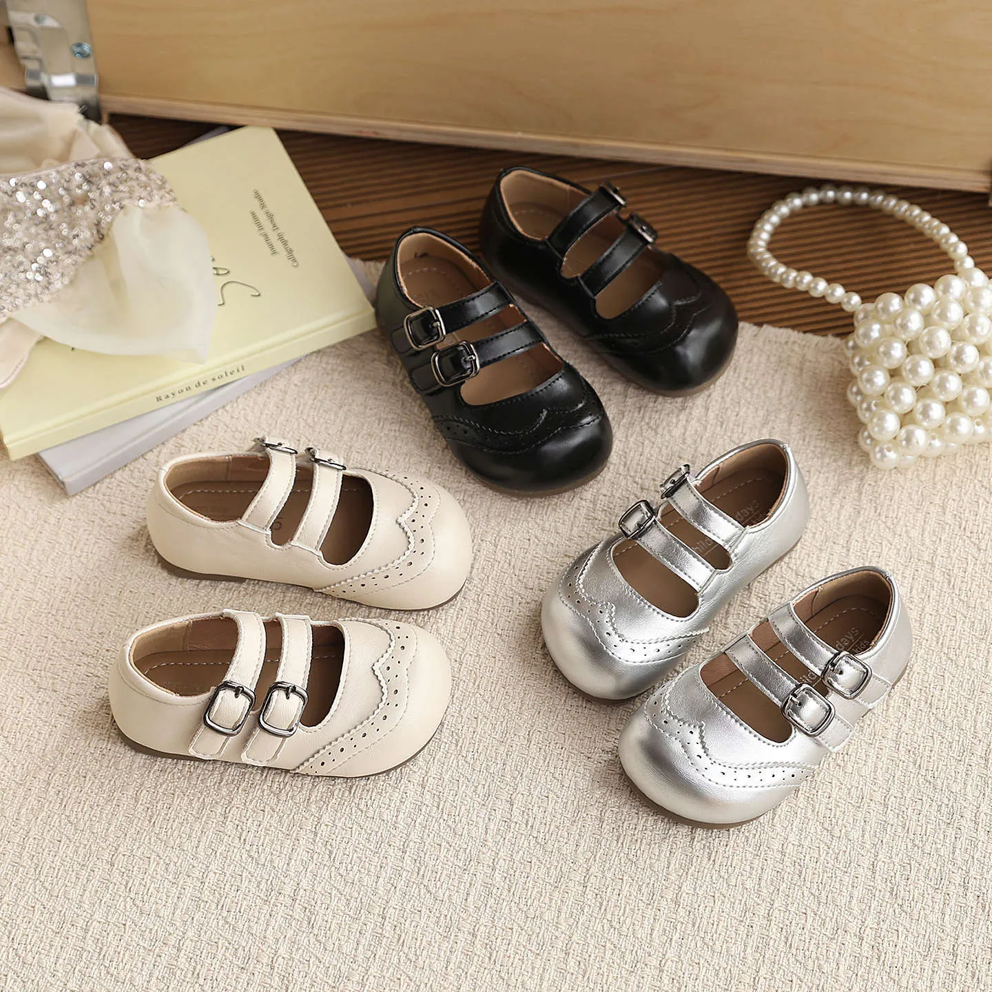 British Style Girls Princess Shoes Mary Jane Flats Toddler Soft Sole Walking Shoes With Brogue Detail For Kids