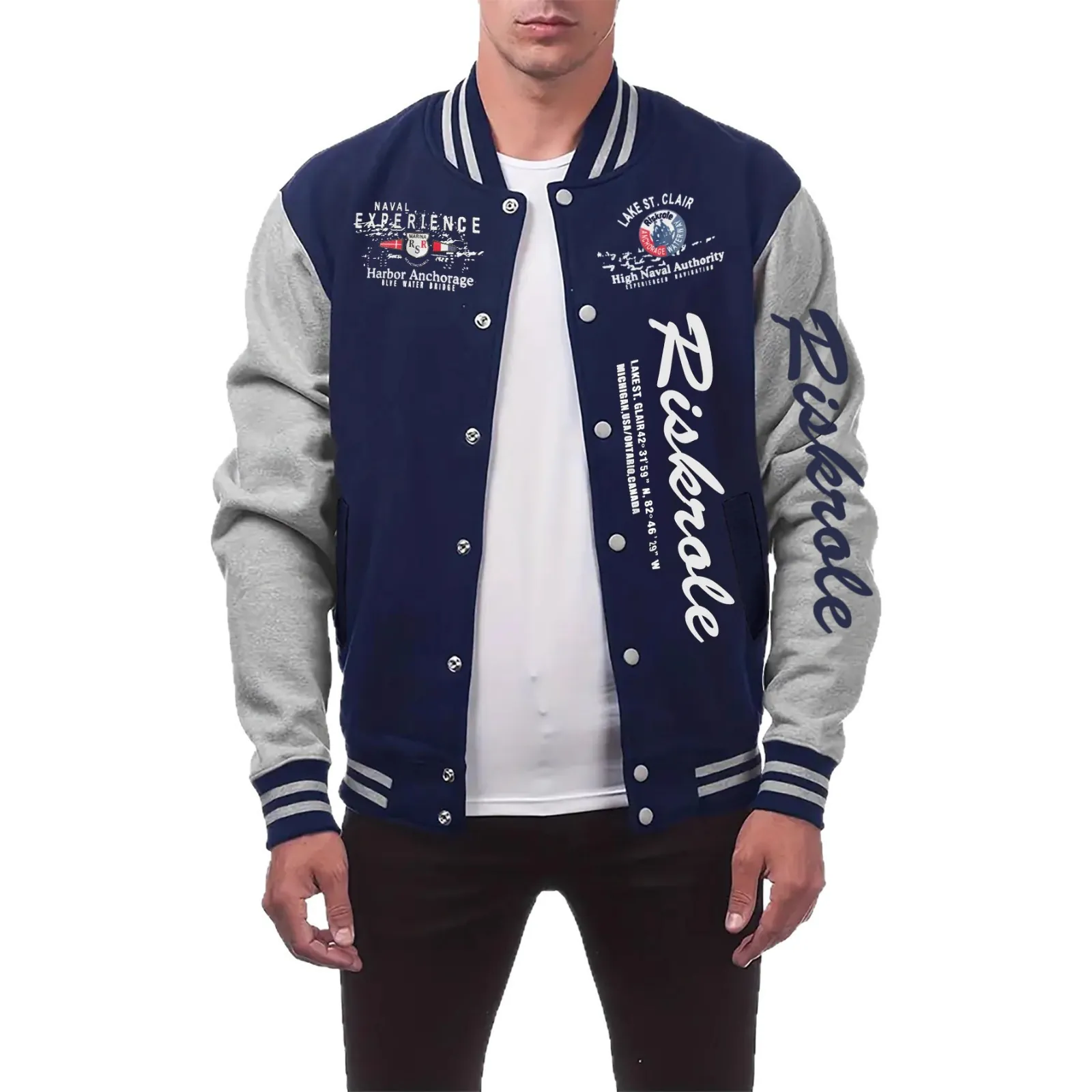 Men's Stand Collar Letter Print Color Block Varsity Jacket Streetwear American Vintage Baseball Outerwear Polyester Top