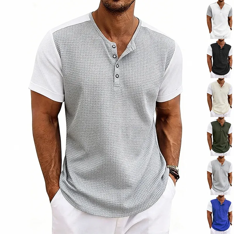 Camiseta Henley de Punto de Gofre Casual para Hombre Color de Contraste Patchwork Manga Corta Top Transpirable de Verano