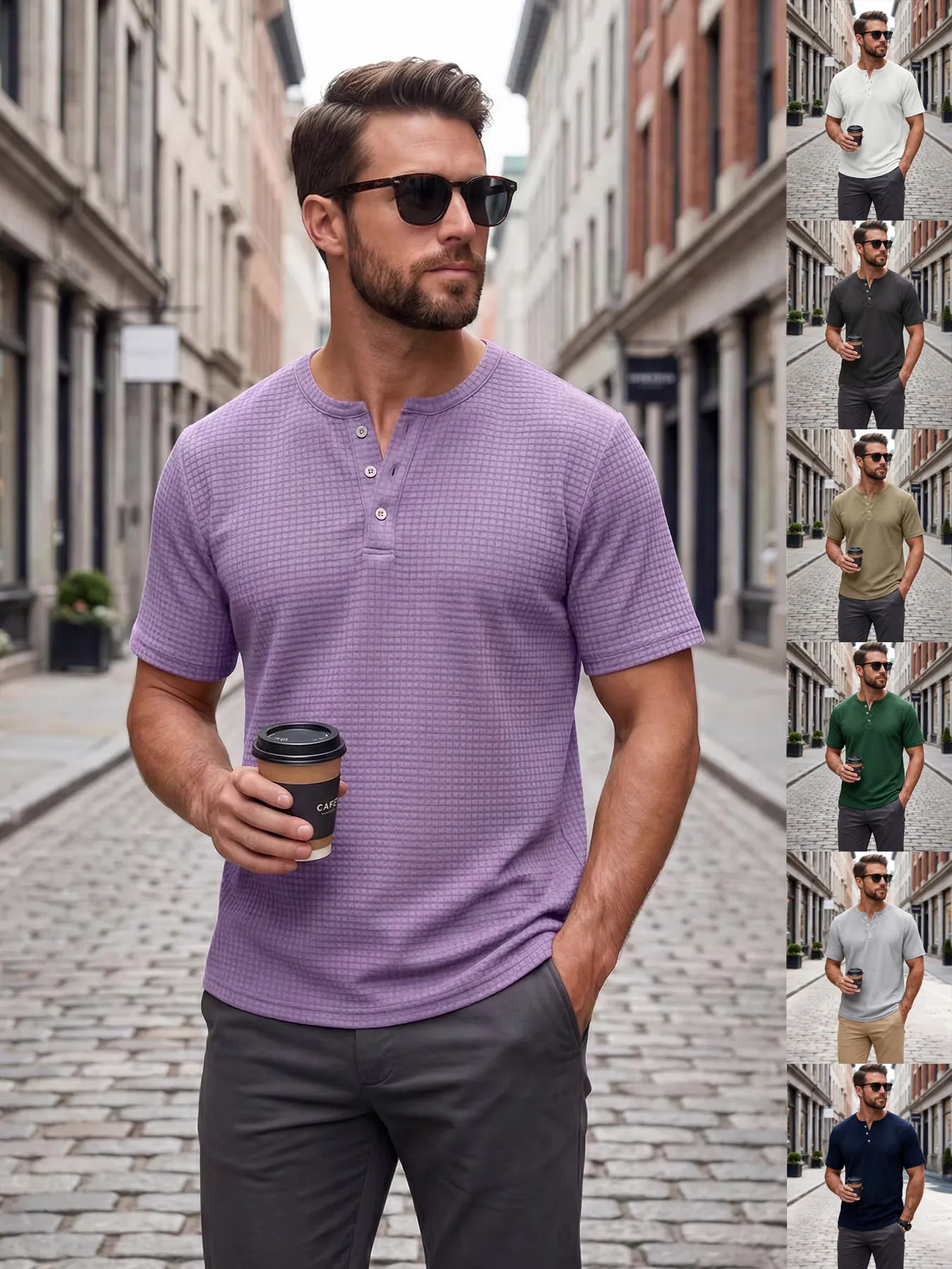 Men's Slim Fit Waffle Knit Henley Shirt Summer Casual Short Sleeve Button Neck Solid Color Breathable Top