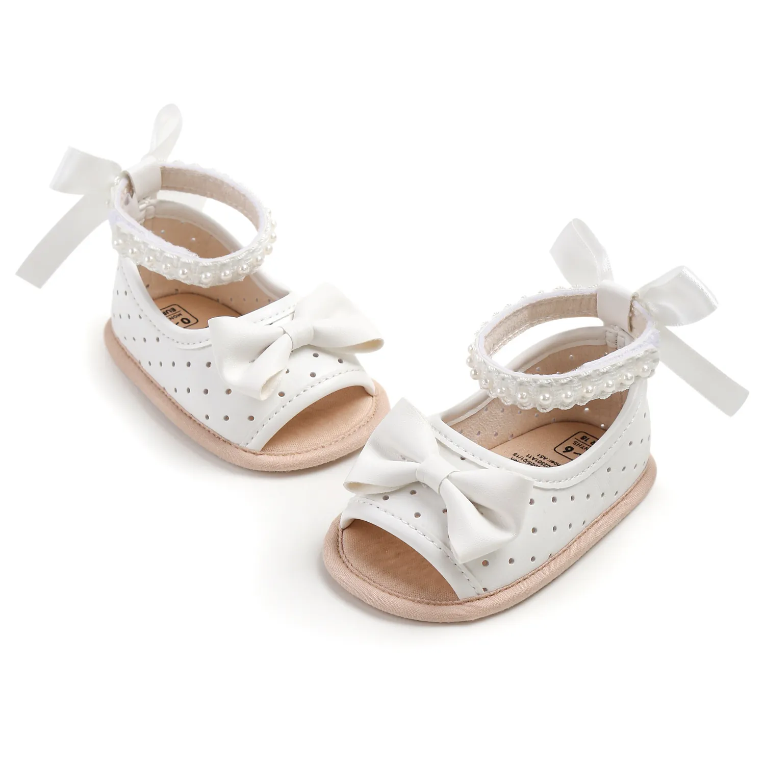 Sandales de Princesse pour Bébé Fille Blanches Avec Grand Nœud et Décor de Perles Artificielles Cuir Synthétique Été