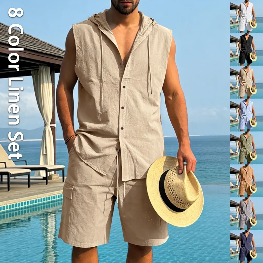 Men's Casual Linen Blend Sleeveless Hooded Shirt And Cargo Shorts Set 2 Piece Summer Beach Vacation Outfits
