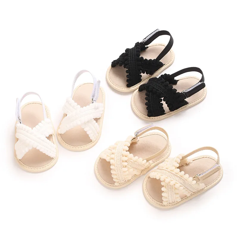 Sandalias de Verano para Bebé Niña Decoración de Pompones Suela Blanda Zapatos de Primeros Pasos Antideslizante Sandalias para Recién Nacido 0-1 Año