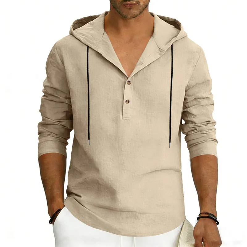 Men's Linen Henley Hoodie Shirt Long Sleeve Casual Breathable Solid Color Beach Spring Autumn Fashion Lightweight Top