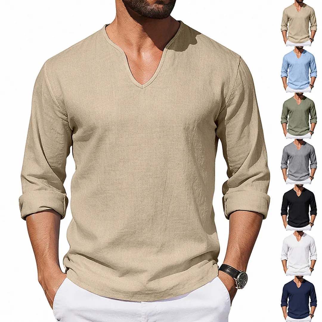 Men's Casual Linen Blend V-Neck Long Sleeve T-Shirt Loose Fit American Style Woven Solid Color Beach Vacation Top