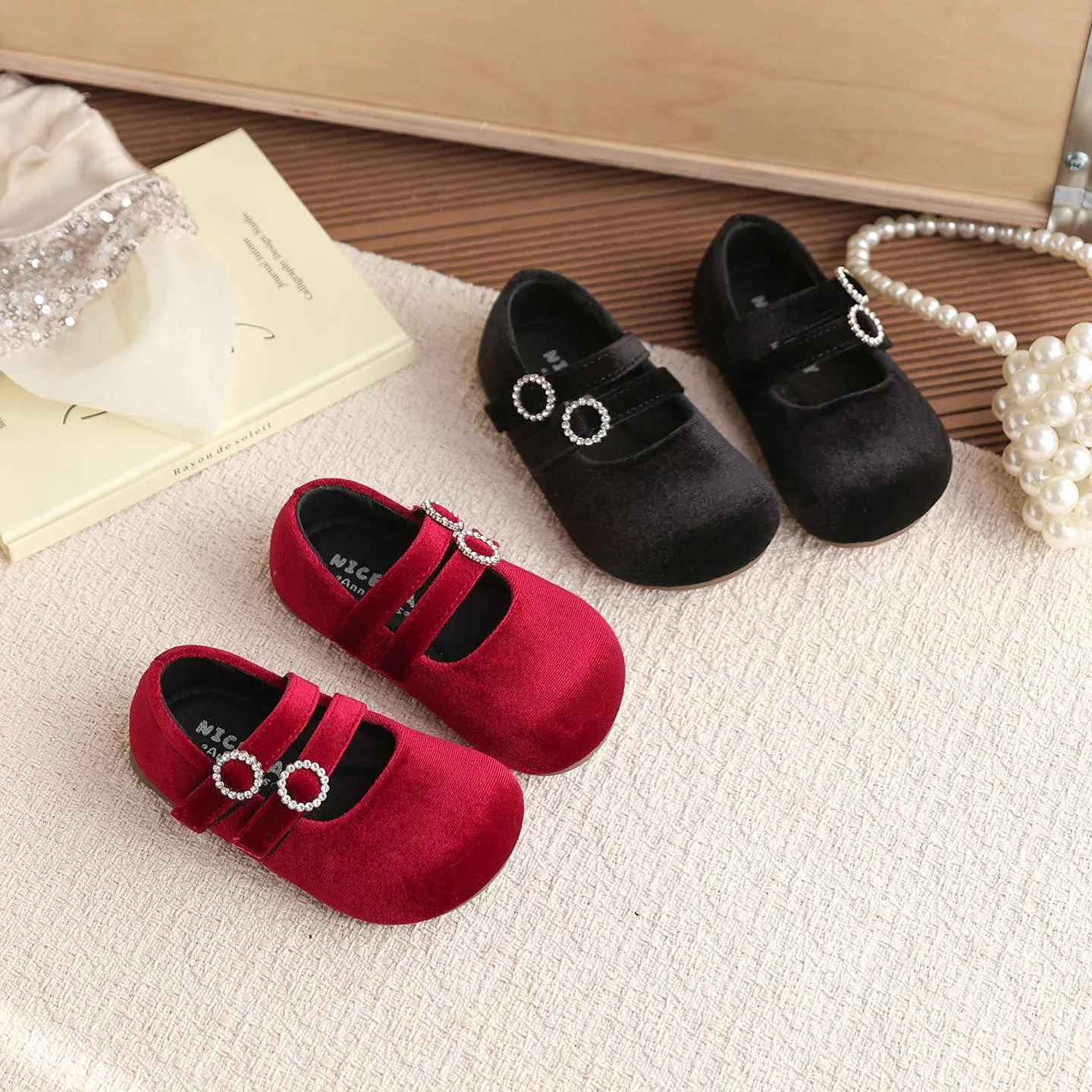 Französischer Vintage Mädchen Samt Mary Jane Prinzessinnen Schuhe Mit Strass Schnalle Weiche Sohle Halbschuhe Für Frühling Herbst