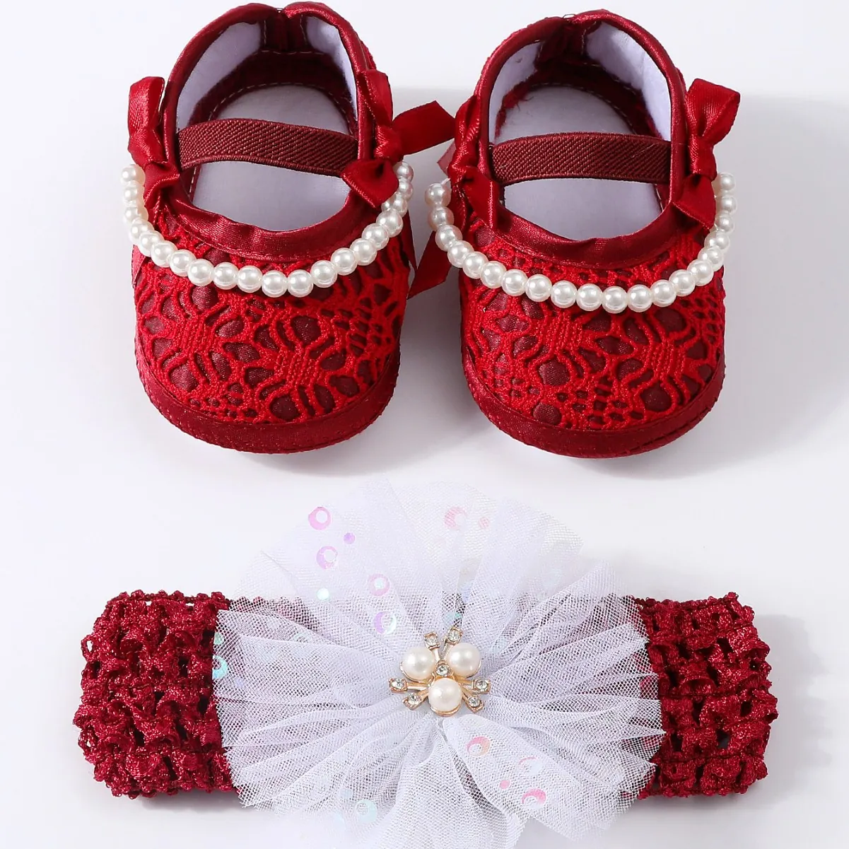 Baby Girl Princess Shoes Mesh Fabric Lace Artificial Pearl Bowknot Soft Sole Prewalker Shoes With Matching Headband