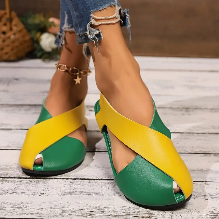 2025 Women's Casual Flat Roman Sandals Peep Toe Cross Strap Soft PU Leather Breathable Beach Sandals For Summer Outdoor Large Size