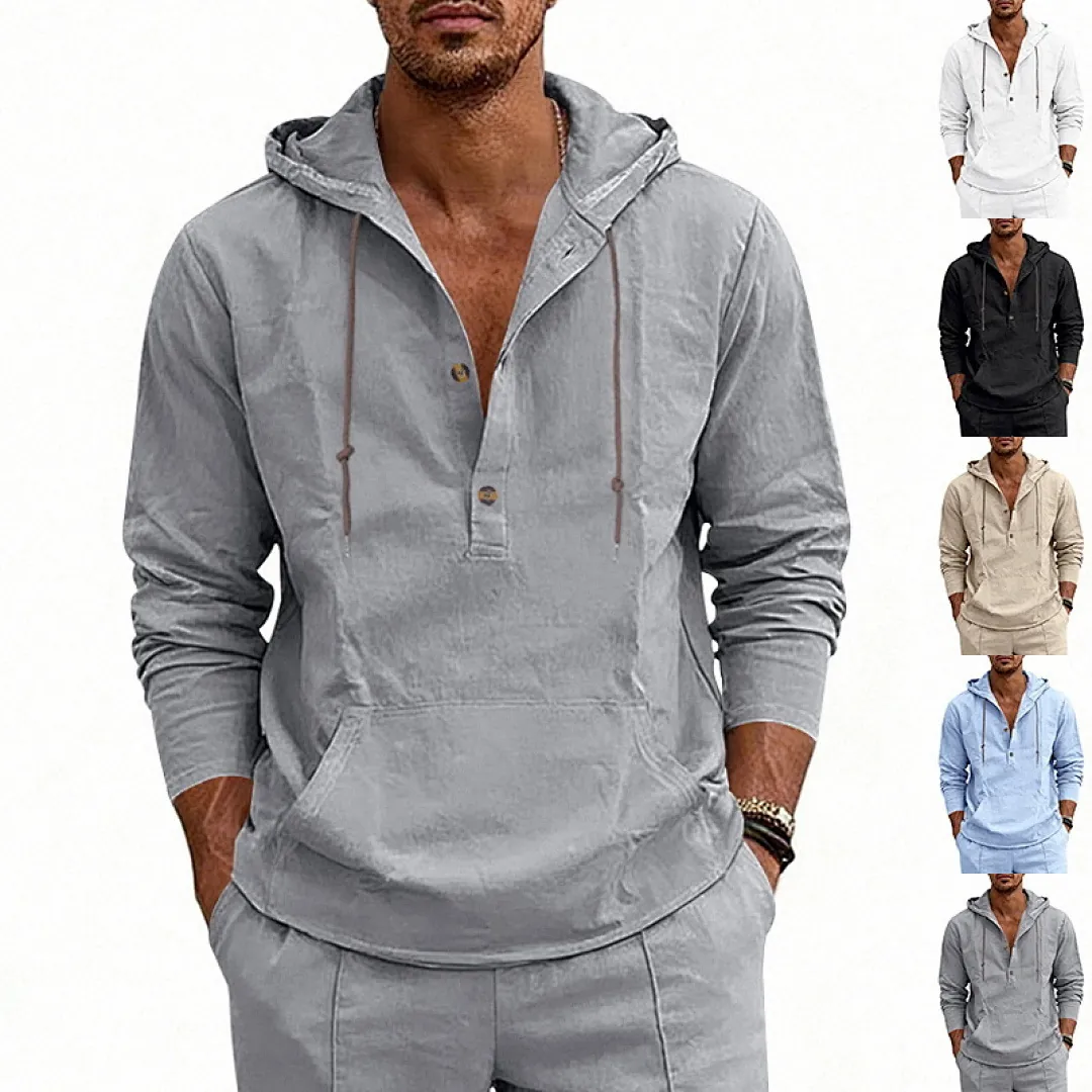Men's Linen Hooded Henley Shirt Long Sleeve Breathable Casual American Style Summer Beach Vacation Loose Fit Top Hoodies
