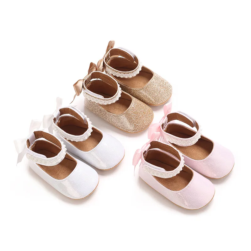 Chaussures Princesse en PU à Paillettes pour Bébés Filles Chaussures Premier Pas à Semelle Souple avec Nœud en Perles Artificielles Mary Jane Ballerines Mariage