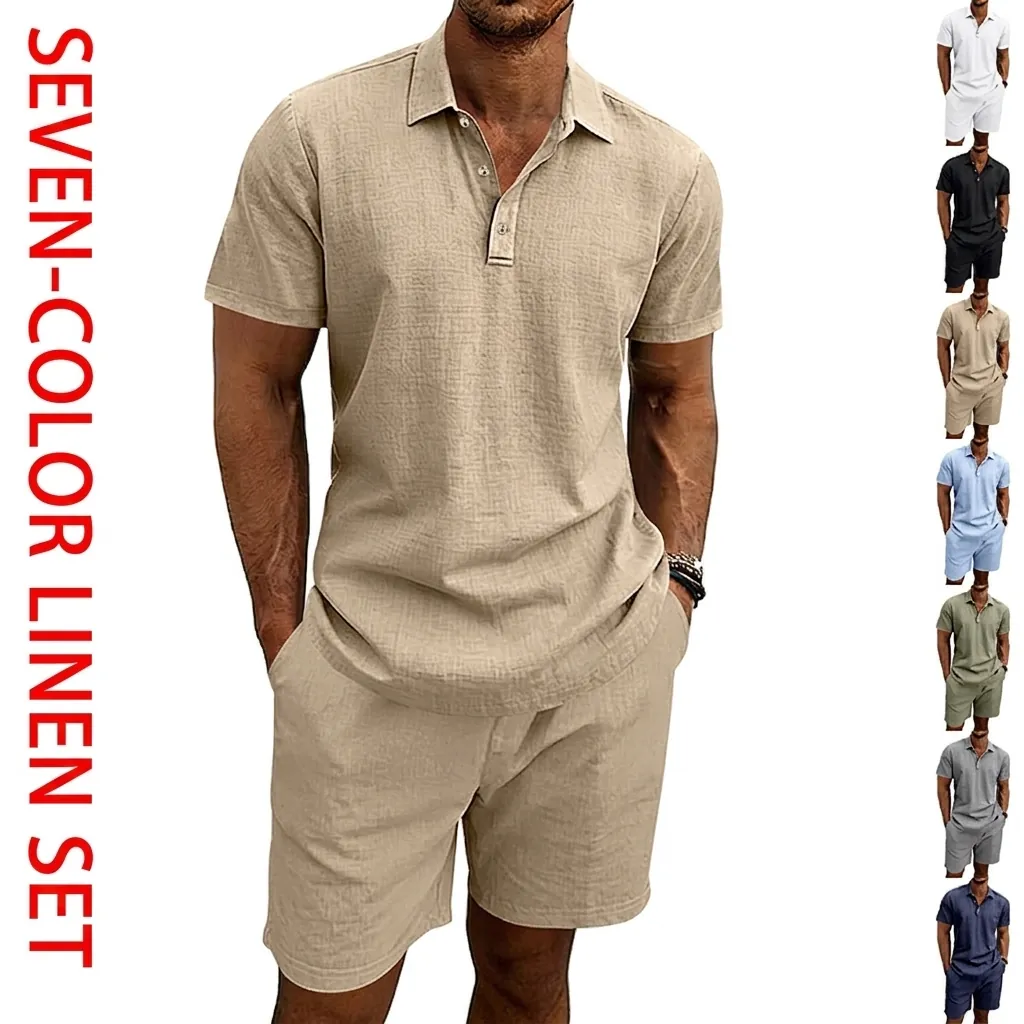 Men Summer Linen Polo Shirt And Shorts Top And Bottom American Loose Plus Size Breathable Vacation Casual Beach Outfit