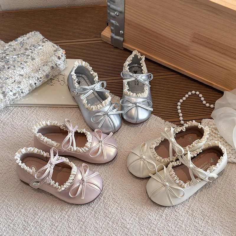 Mädchen Mary Jane Schuhe PU Leder Schleife Prinzessin Schuhe Spitze Rand Rutschfeste Flache Schuhe Für Hochzeit Party Schule