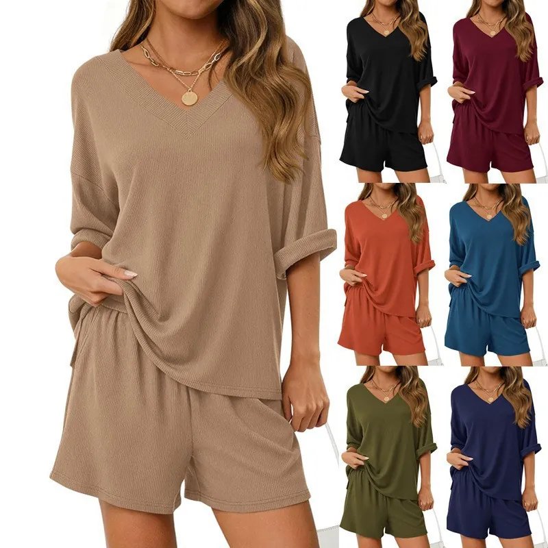 Set Due Pezzi Donna Pantaloncini a Costine Poliestere Scollo a V Manica Media Top And Bottom Casual Estate Spiaggia Outfit