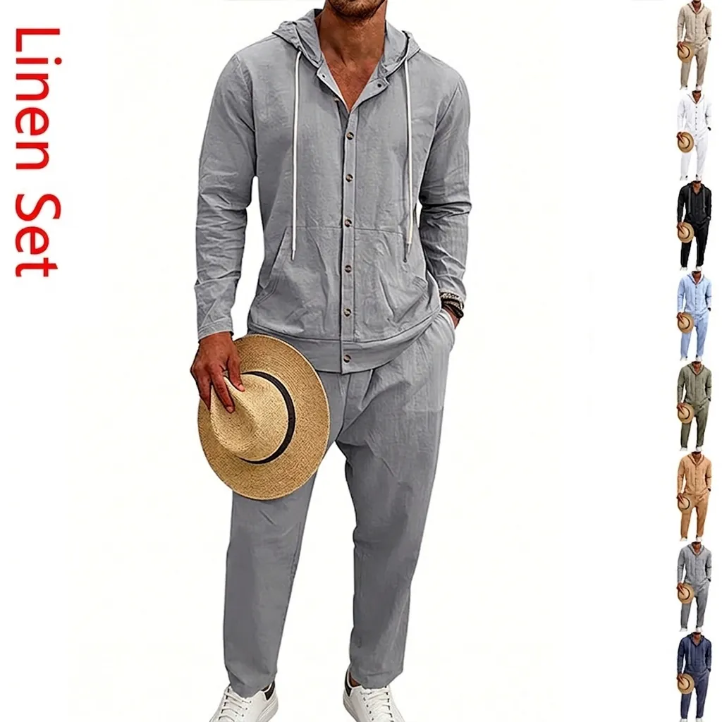 Uomo Stile Americano Casual Lino Top And Bottom Con Cappuccio Manica Lunga Camicia Giacca Pantaloni Lunghi Completo Vacanza