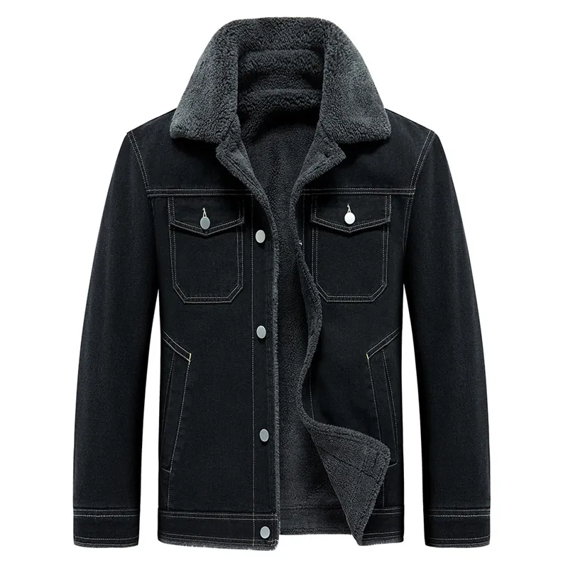 Giacca di Jeans in Pile da Uomo Cappotto Invernale Caldo Ispessito Colletto Rovesciato Bottoni Casual Capispalla Tasche Abbigliamento Uomo
