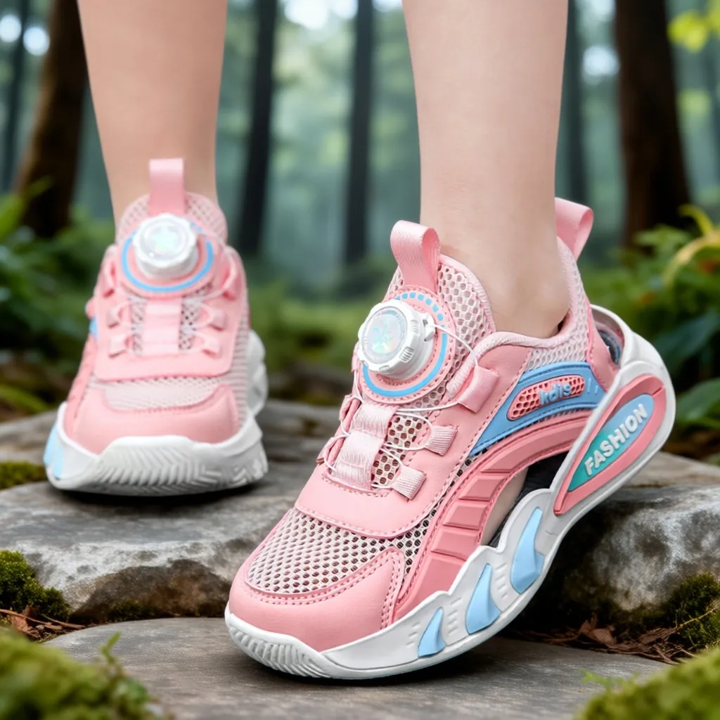 Summer Kids Breathable Single Mesh Sports Shoes Fashion Casual Sneakers With Rotary Buckle For Boys Girls Lightweight Non-Slip Walking Shoes