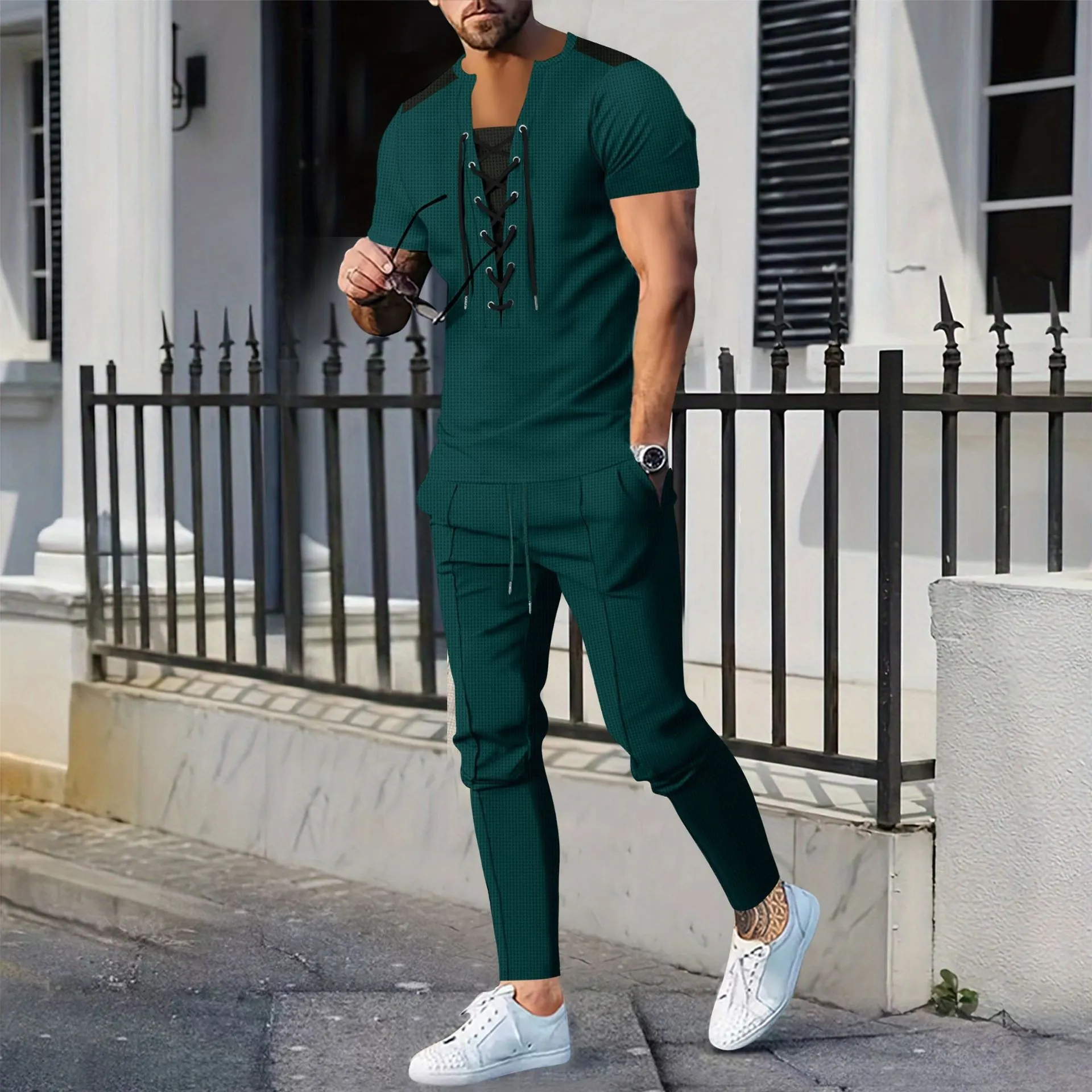Men Casual Waffle Knit Two Piece Set Round Neck Lace-Up Short Sleeve Top And Long Pants Solid Color Men Clothing