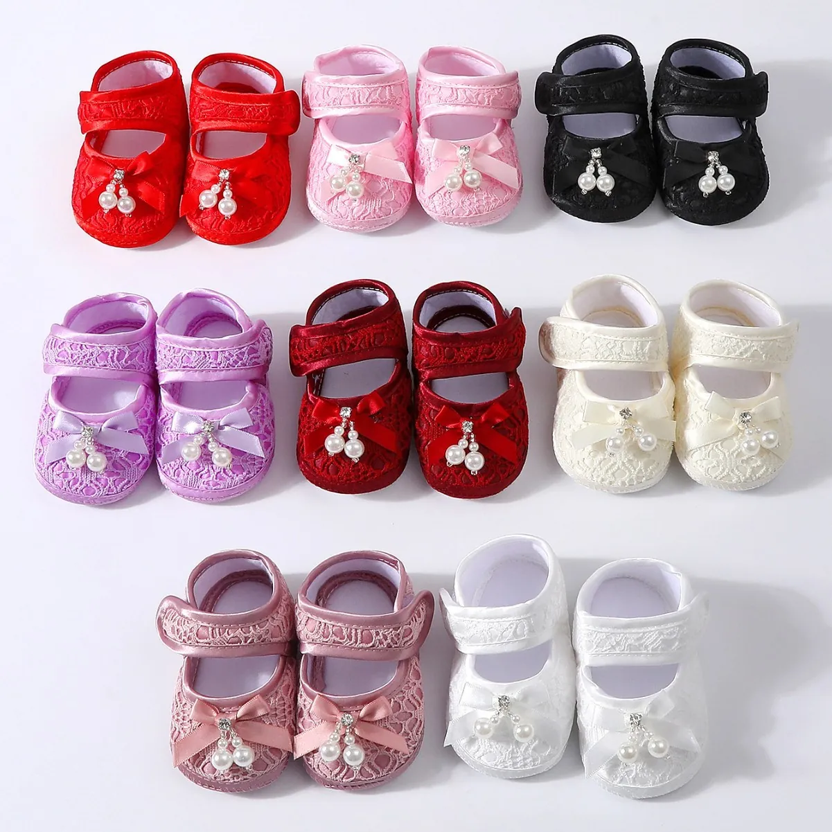 Newborn Baby Girl Princess Shoes Lace Bow Artificial Pearl Rhinestone Soft Sole Pre-Walker Non-Slip Flat Shoes For Toddlers