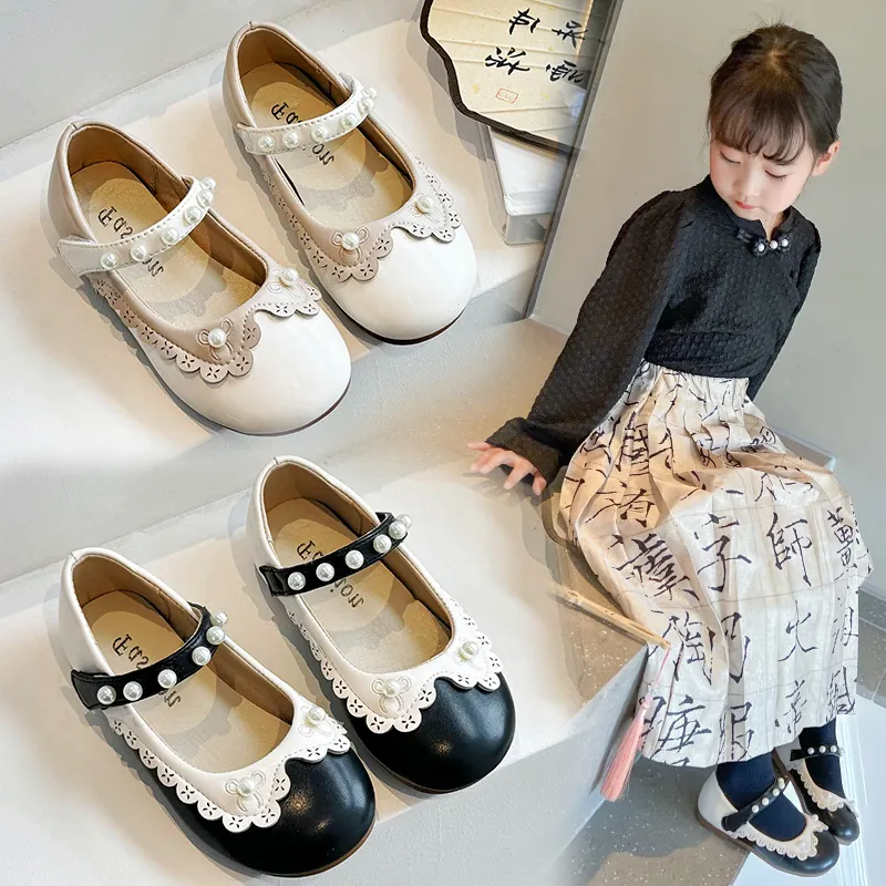 Mädchen Mary Jane Prinzessinnen-Schuhe Mit Perlenverzierung Spitze PU Leder Flache Kleinkind Mädchen Mode Weiche Laufschuhe