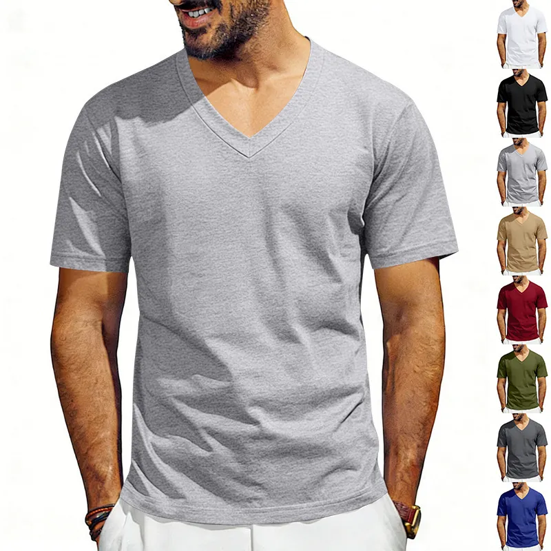 T-Shirt Homme Décontracté Col en V Manches Courtes Couleur Unie Polyester Respirant Smart Casual Été Mode Top Ample Basic Tee