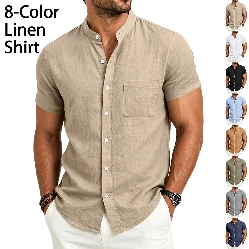 Men Retro Linen Stand Collar Shirt Short Sleeve Casual Breathable Top Single Pocket Plain Solid Color Lightweight Summer Shirt
