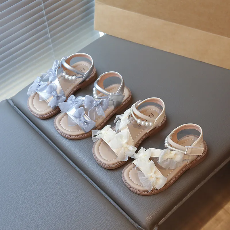Girls Sweet Princess Sandals Summer Mesh Bow Artificial Pearl Decor Kids Roman Beach Shoes Flat Fairy Style Sandals