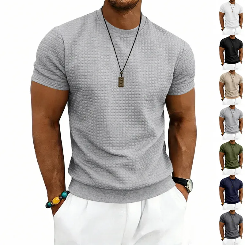 Heren Amerikaans Casual Wafeltextuur T-Shirt Korte Mouw Ronde Hals Polyester Sportief Ademend Ruime Pasvorm Top