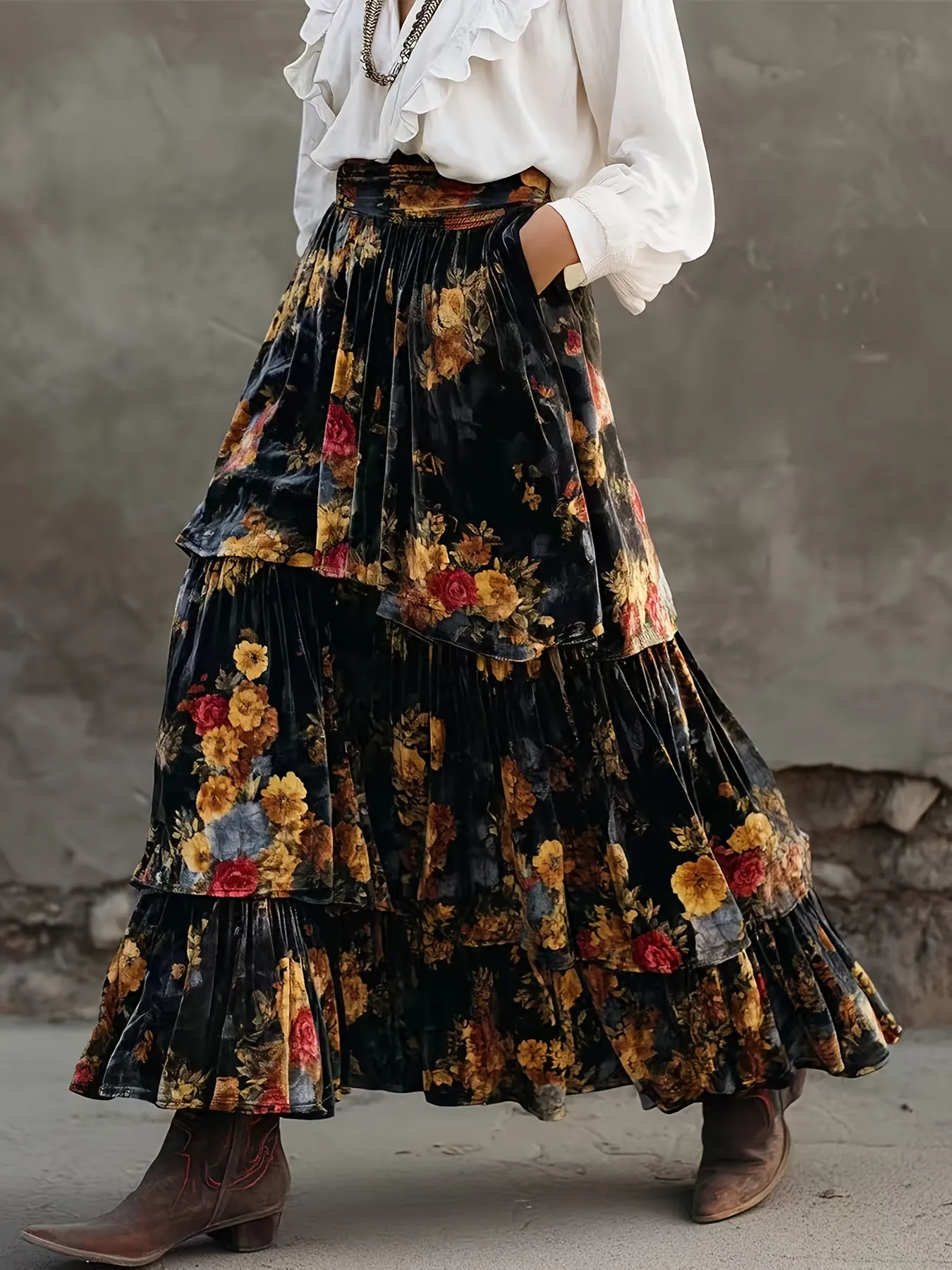 Women Bohemian Vintage High Waist Tiered Cake Skirt Floral Print Elegant Large Swing A-Line Long Maxi Skirt Streetwear
