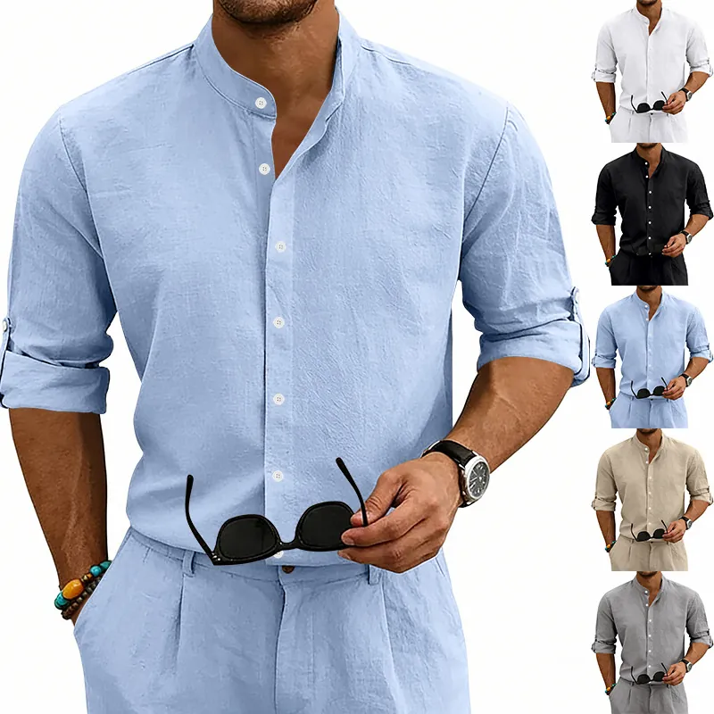 Heren Zomer Linnenmix Overhemd Casual Opstaande Kraag Oprolmouwen Lange Mouw Effen Kleur Licht Ademend Strand Mode Top