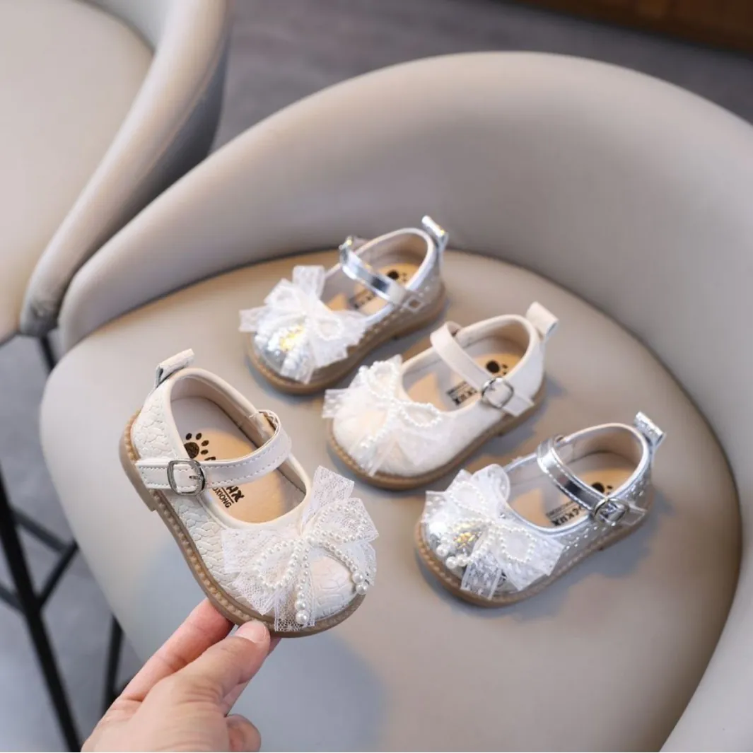Zapatos de Princesa para Bebé Niña Suela Blanda Antideslizante Cuero PU Lazo Encaje Perla Artificial Aprendizaje Fiesta