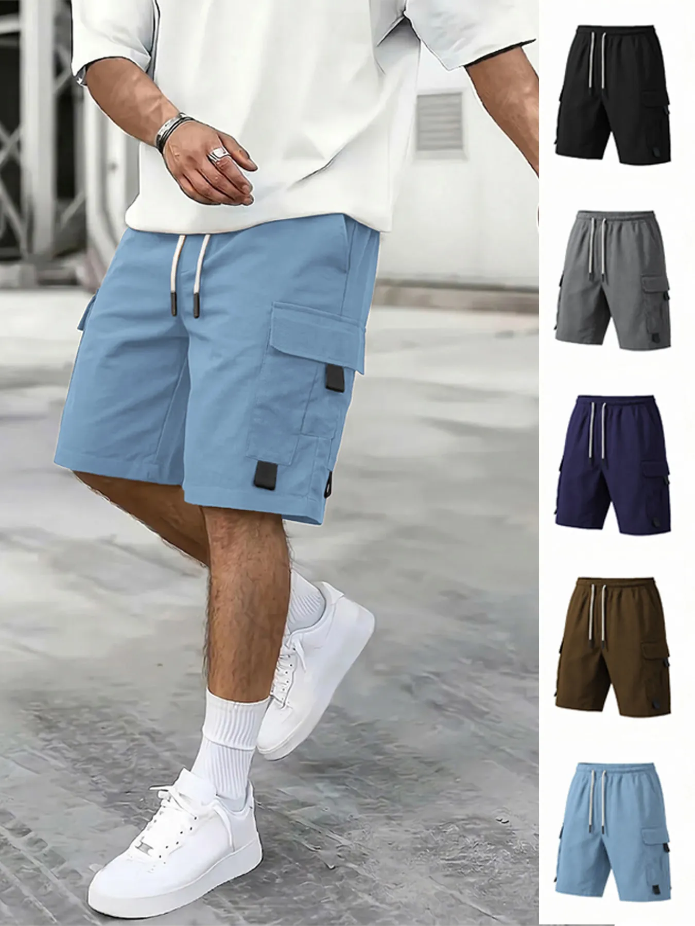 Herren Casual Polyester Cargo Shorts Multi Taschen Kordelzug Elastischer Bund Einfarbig Outdoor Sommer Bottoms