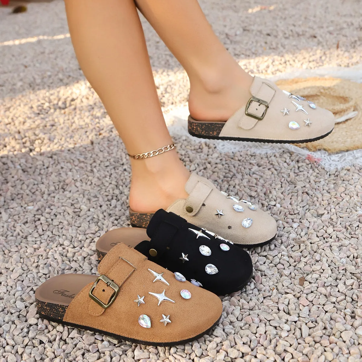 Women Rhinestone Star Studded Closed Toe Mule Slippers Faux Suede Flat Casual Slip On Comfort Shoes For Spring Autumn