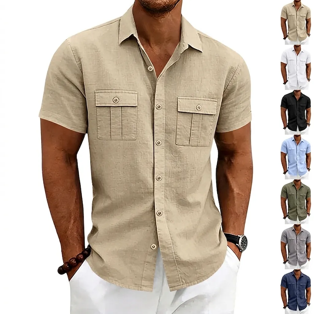 Herren Leinenmischung Kurzarm Cargohemd Lässig Locker Geschnitten Mehrere Taschen Workwear Top Sommer Outdoor Pendeln Knöpfe