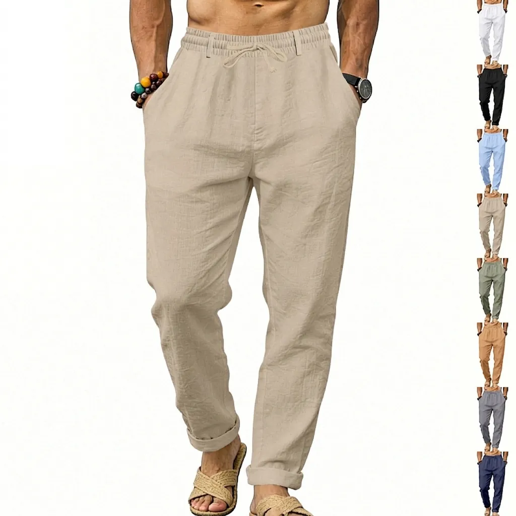 Men Casual Linen Blend Straight Leg Pants American Style Loose Fit Drawstring Elastic Waist Trousers For Vacation Daily Work
